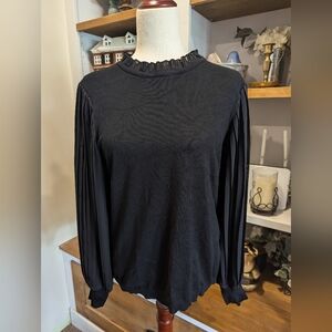 Adrianna Papell Black Pleated Parachute Sheer Long Sleeve Ruffle Neck Blouse M